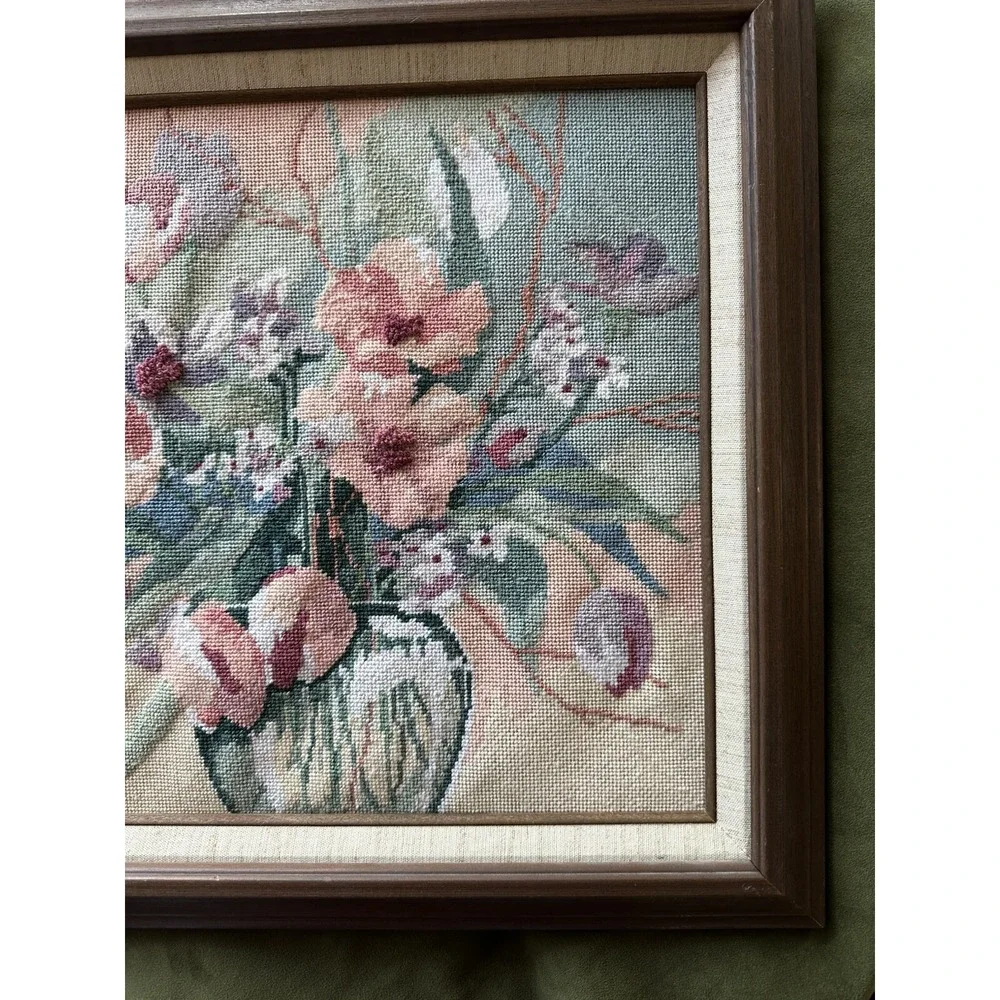 Vintage Handmade Tapestry Needlework Flower Vase Wooden Framed Artwork Wall Art